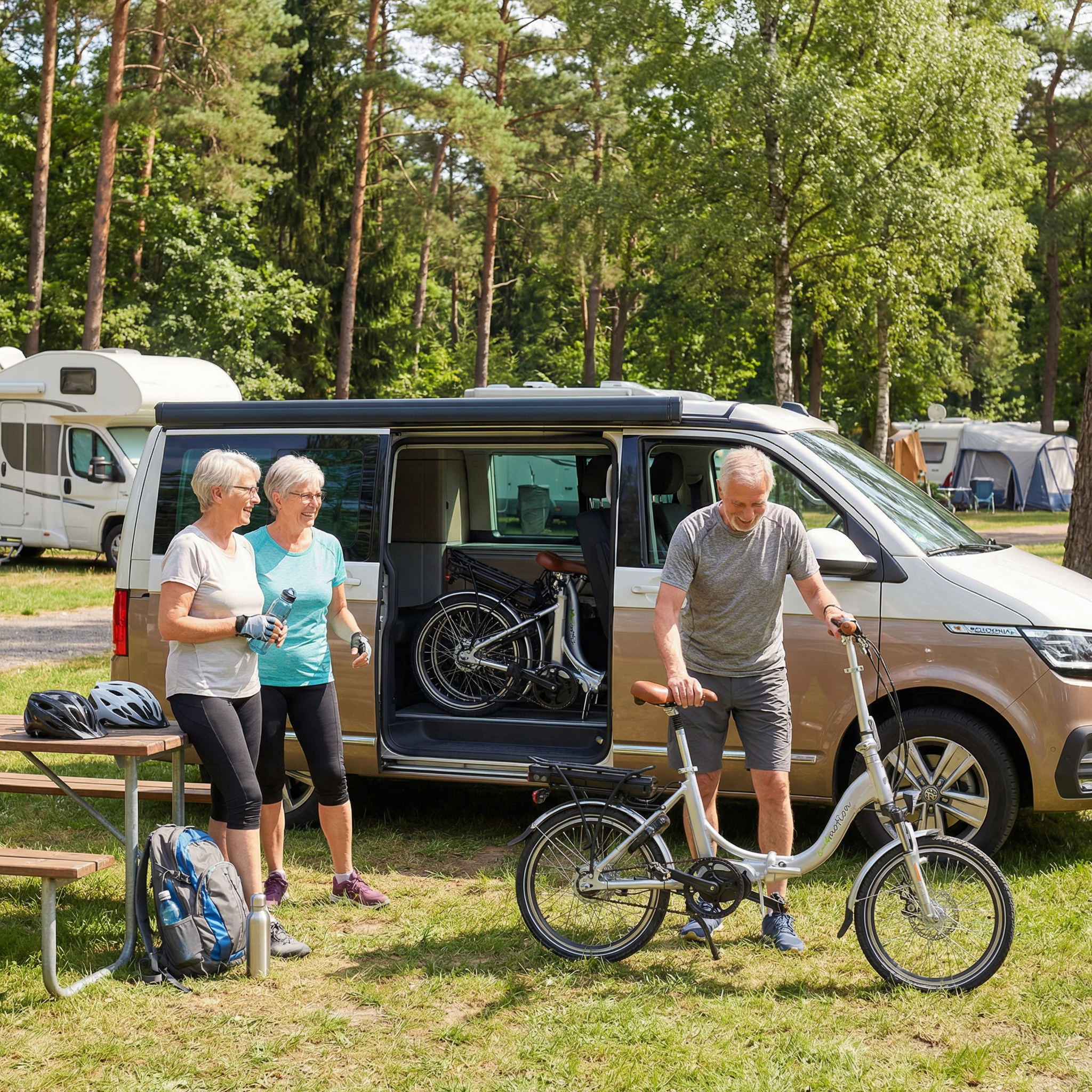 Zusammengeklapptes E-4motion-Elektro-Klapprad in einem Wohnmobil auf dem Campingplatz