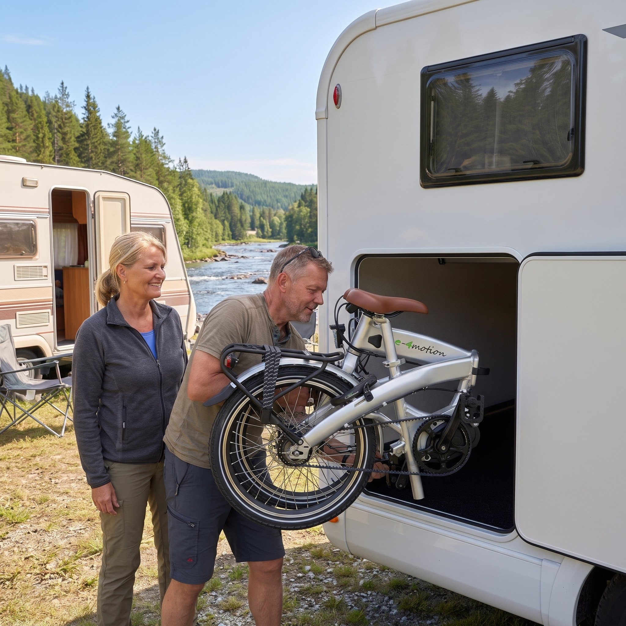 Opgevouwen e-4motion elektrische vouwfiets gaat de camper in op de camping